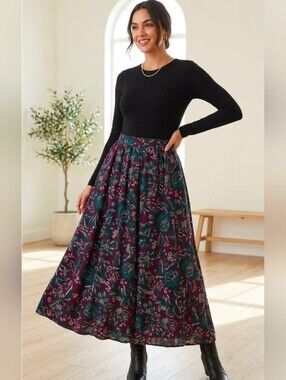 VTG Liz Baker Essentials M Floral 100% Rayon Purple Teal Boho 90s Maxi Skirt